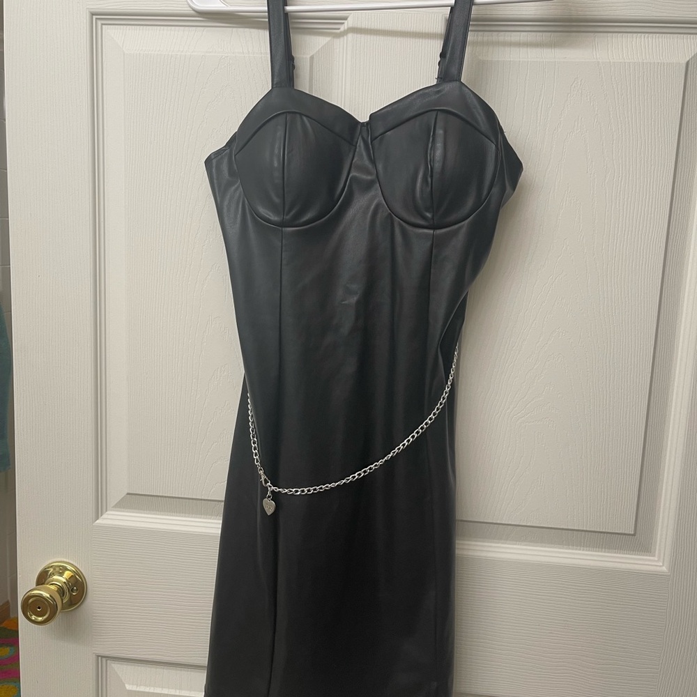 Fake leather black mini dress